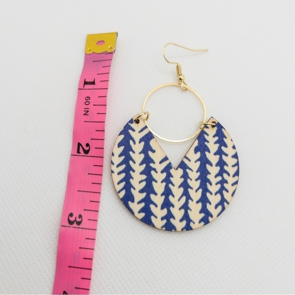 Blue White Gold Organic Geometric Coastal Printed Statement Wooden Earrings Boho - Picture 8 of 10